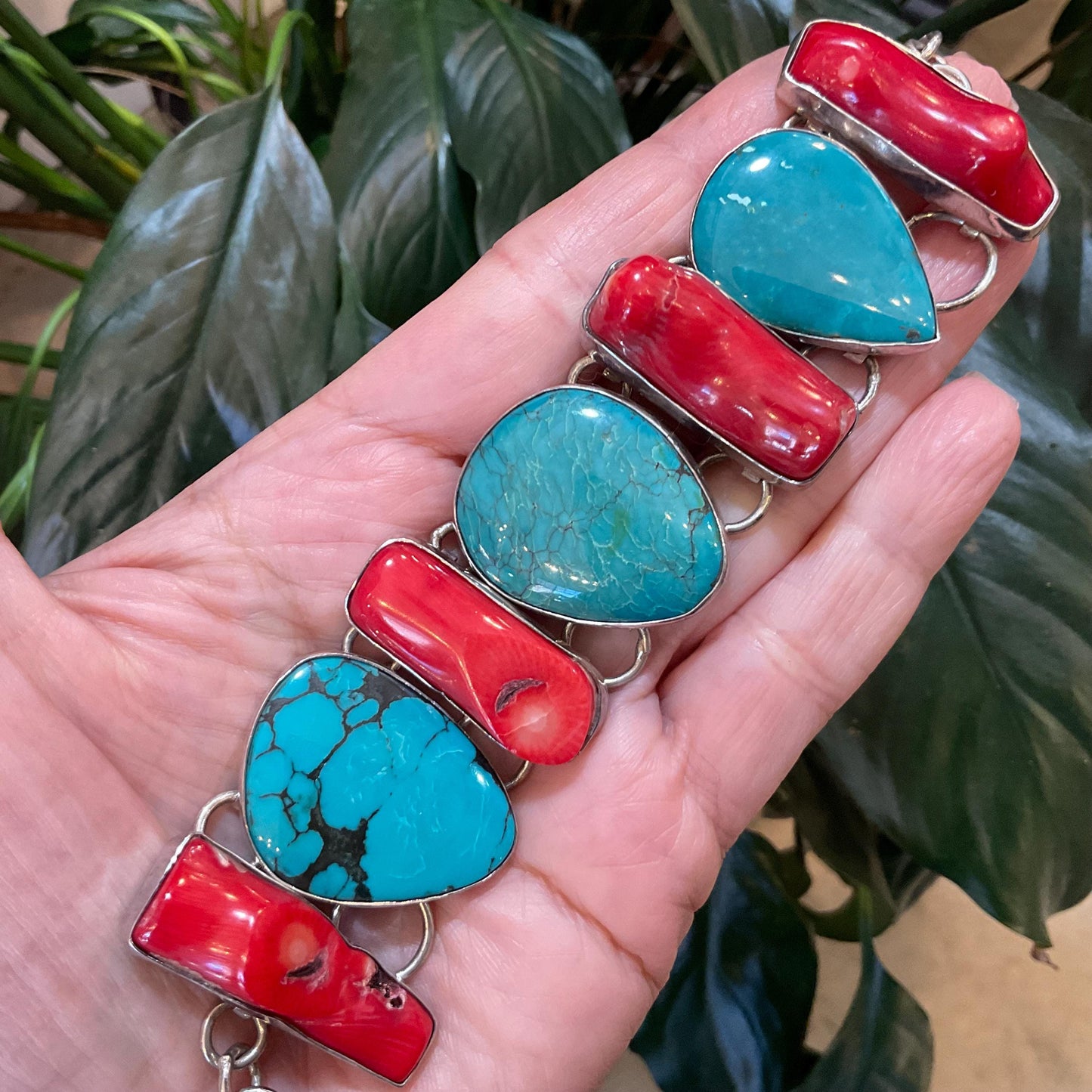 sterling silver statement coral turquoise  Bracelet