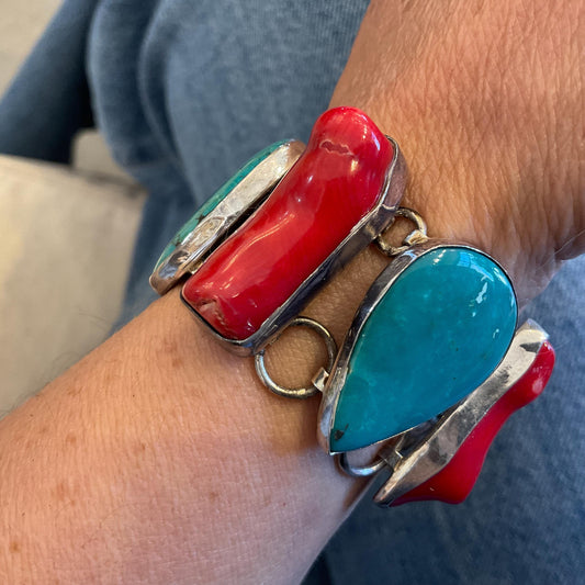 sterling silver statement coral turquoise  Bracelet