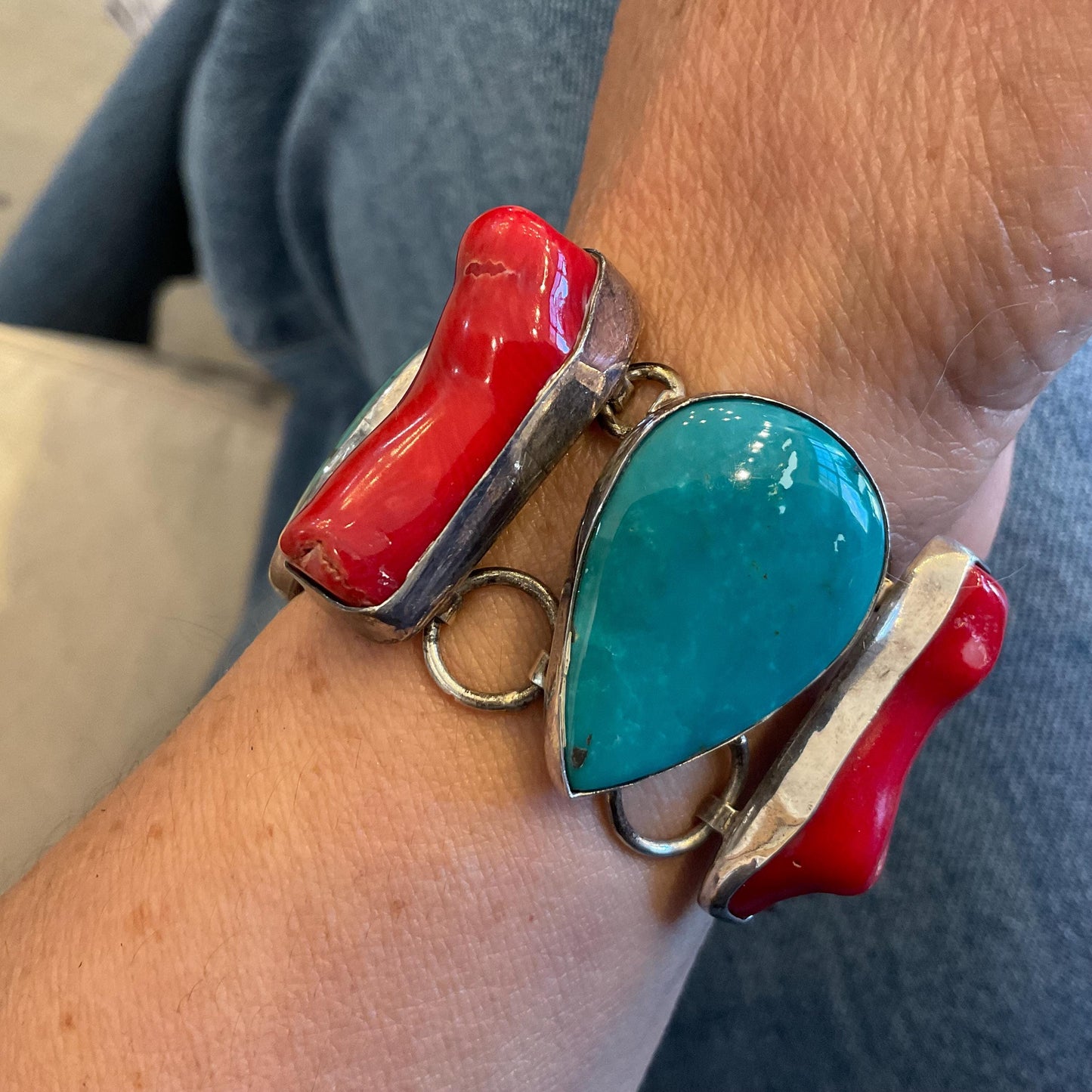 sterling silver statement coral turquoise  Bracelet