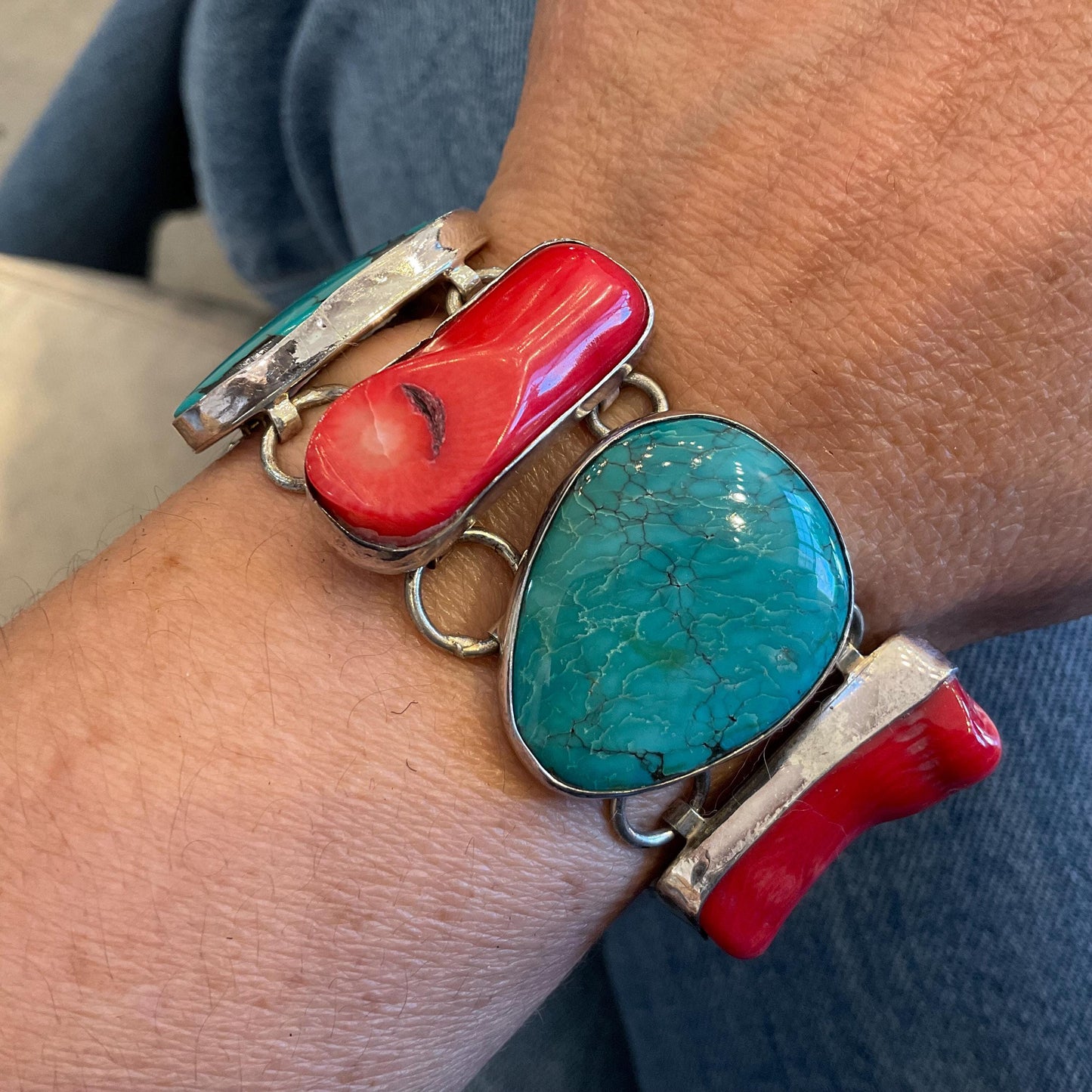 sterling silver statement coral turquoise  Bracelet