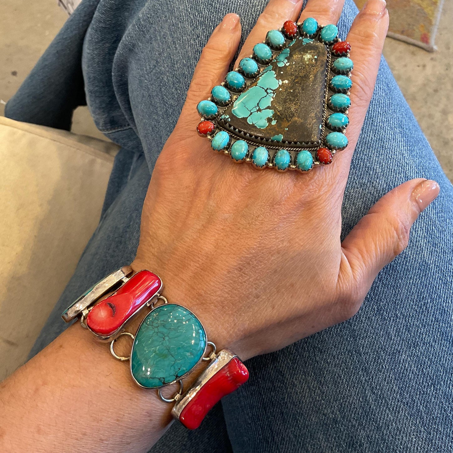 sterling silver statement coral turquoise  Bracelet
