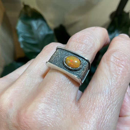 sterling silver Natural Orange opal band ring 7.5