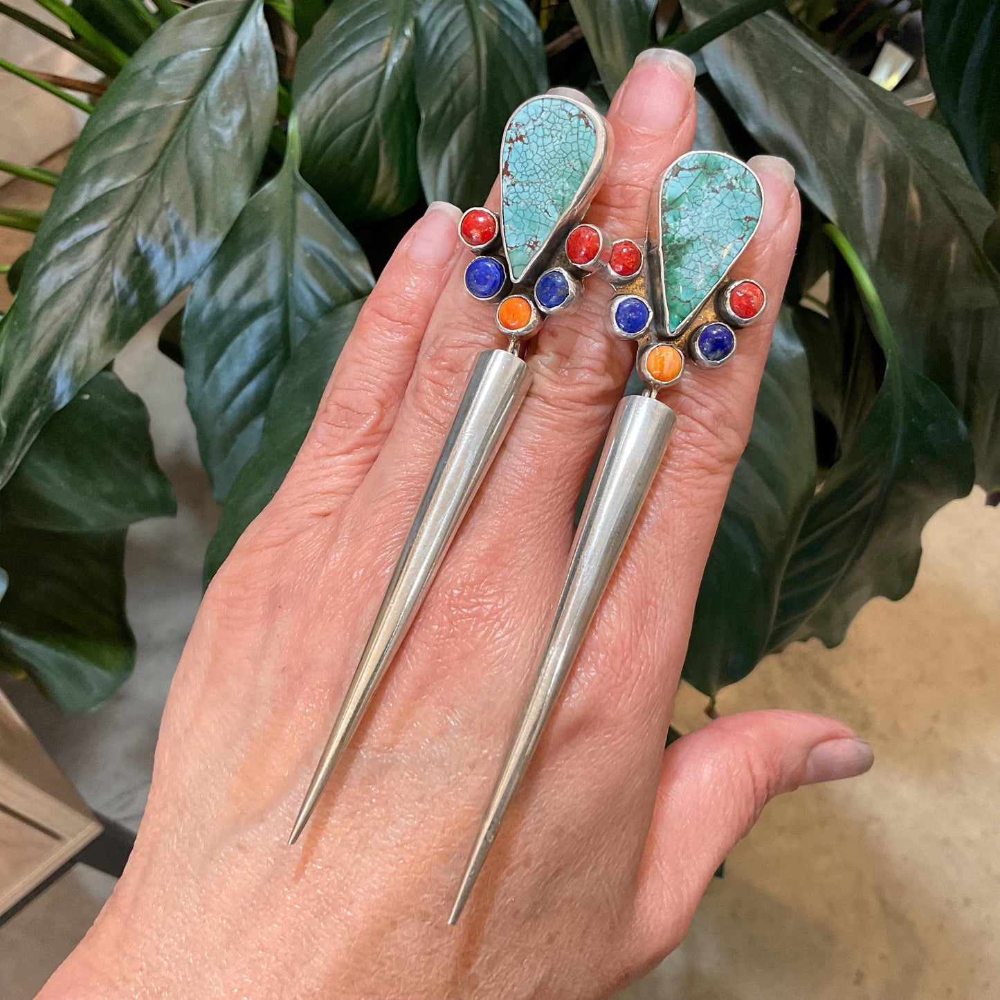 Sterling Silver turquoise coral long dangle spike earrings 4.5” long