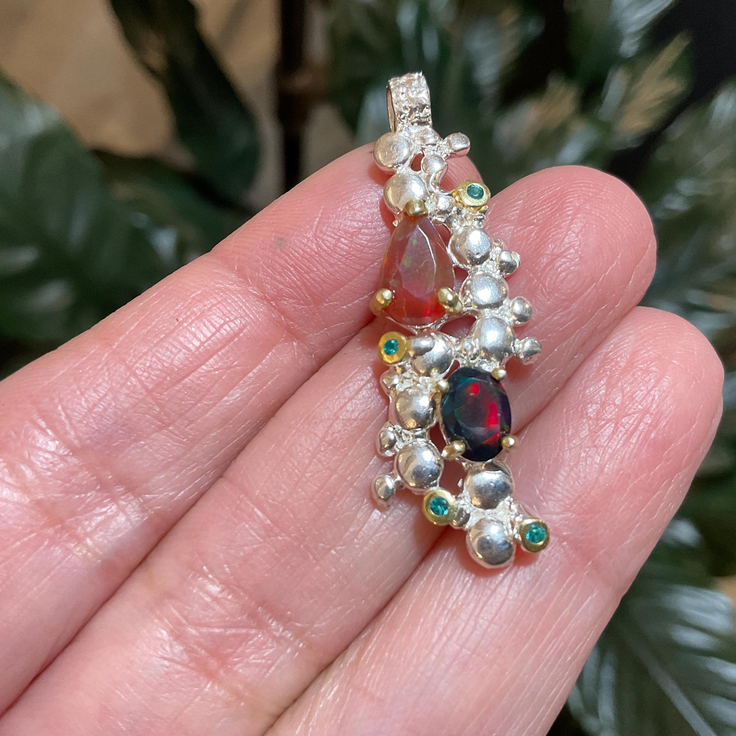 Natural black and orange fire opal Sterling Silver pendant for Necklace