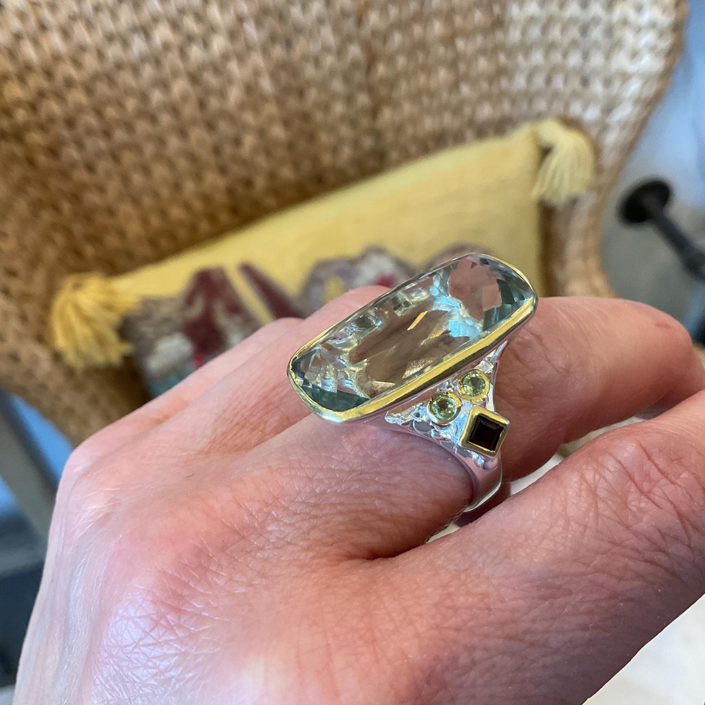 Sterling Silver green amethyst red garnet peridot large ring 7