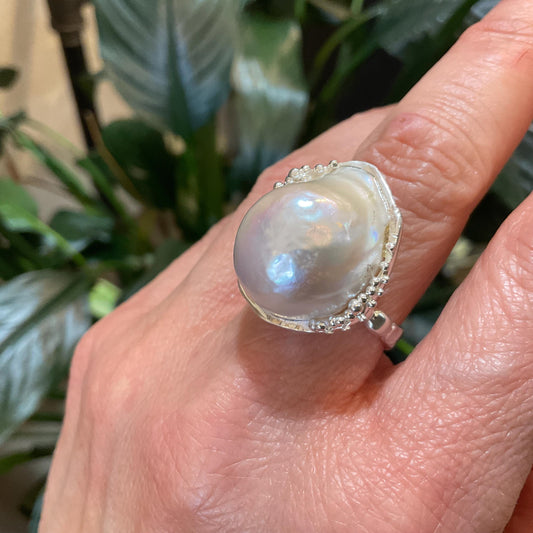 Sterling Silver white genuine baroque  pearl ring 7.5