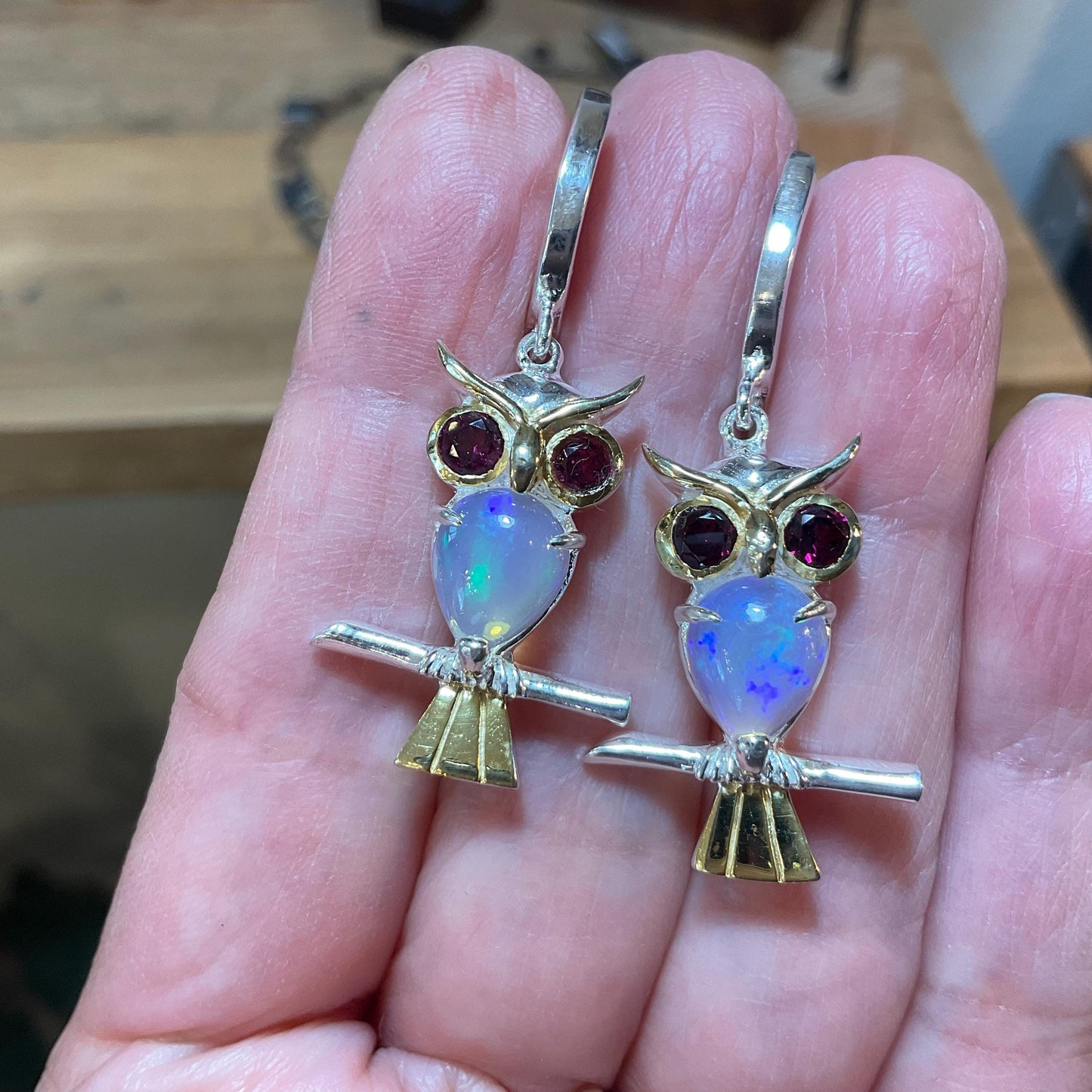 Sterling Silver natural rainbow Opal rhodolite owl dangle earrings
