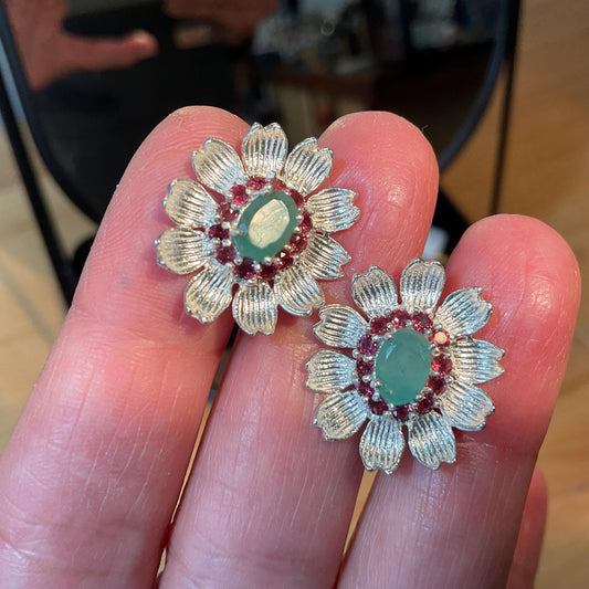 Sterling silver natural green emerald flower rhodolite post earrings