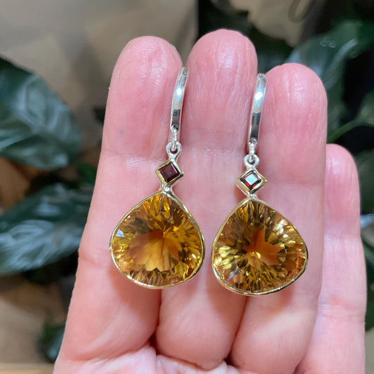 Sterling silver pear shape citrine rhodolite dangle fancy earrings
