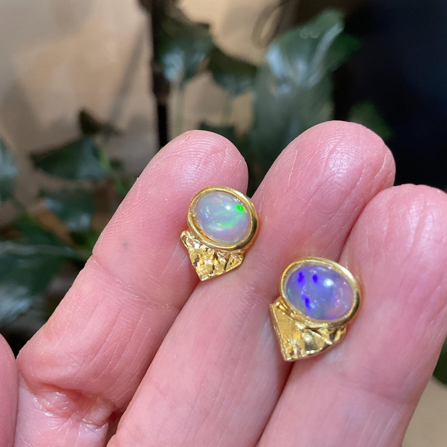 Sterling Silver Gold Natural rainbow opal Etnika stud earrings