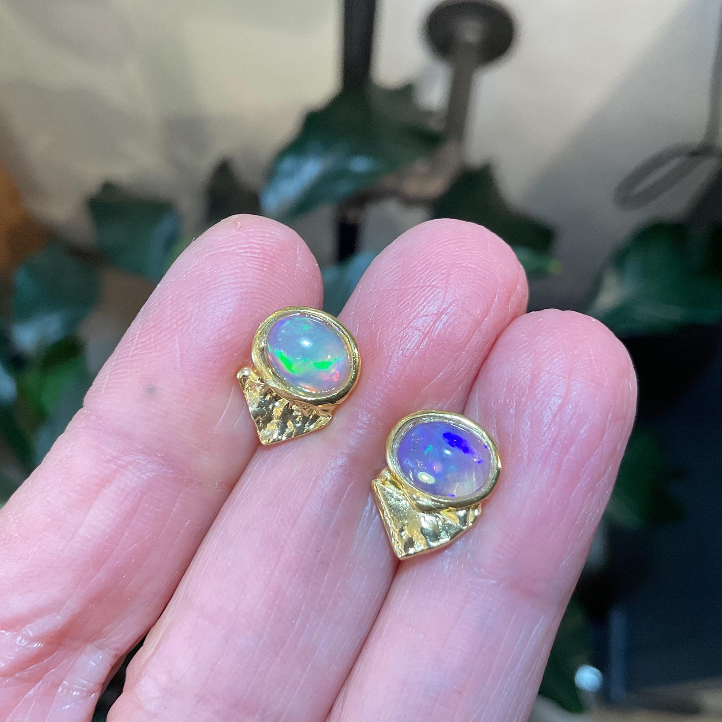 Sterling Silver Gold Natural rainbow opal Etnika stud earrings