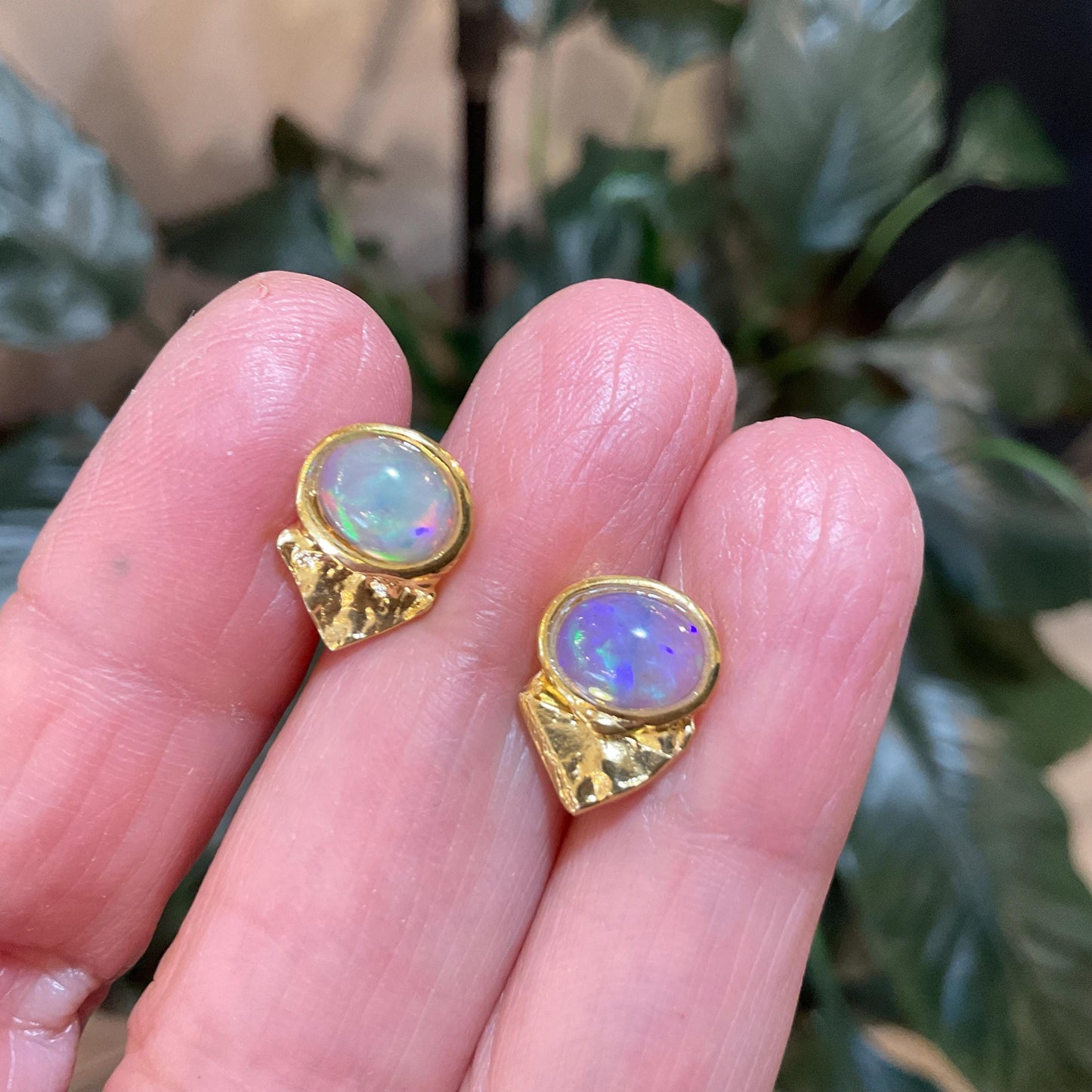 Sterling Silver Gold Natural rainbow opal Etnika stud earrings