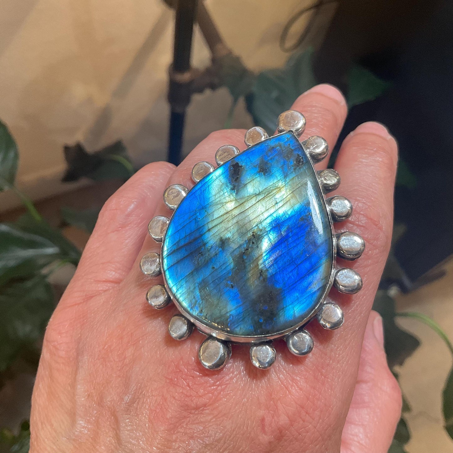 Sterling Statement spectrolite labradorite pear shape cuff massive ring 7 8 9 10