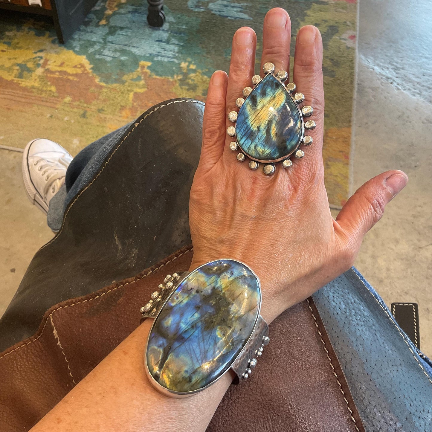 Sterling Statement spectrolite labradorite pear shape cuff massive ring 7 8 9 10
