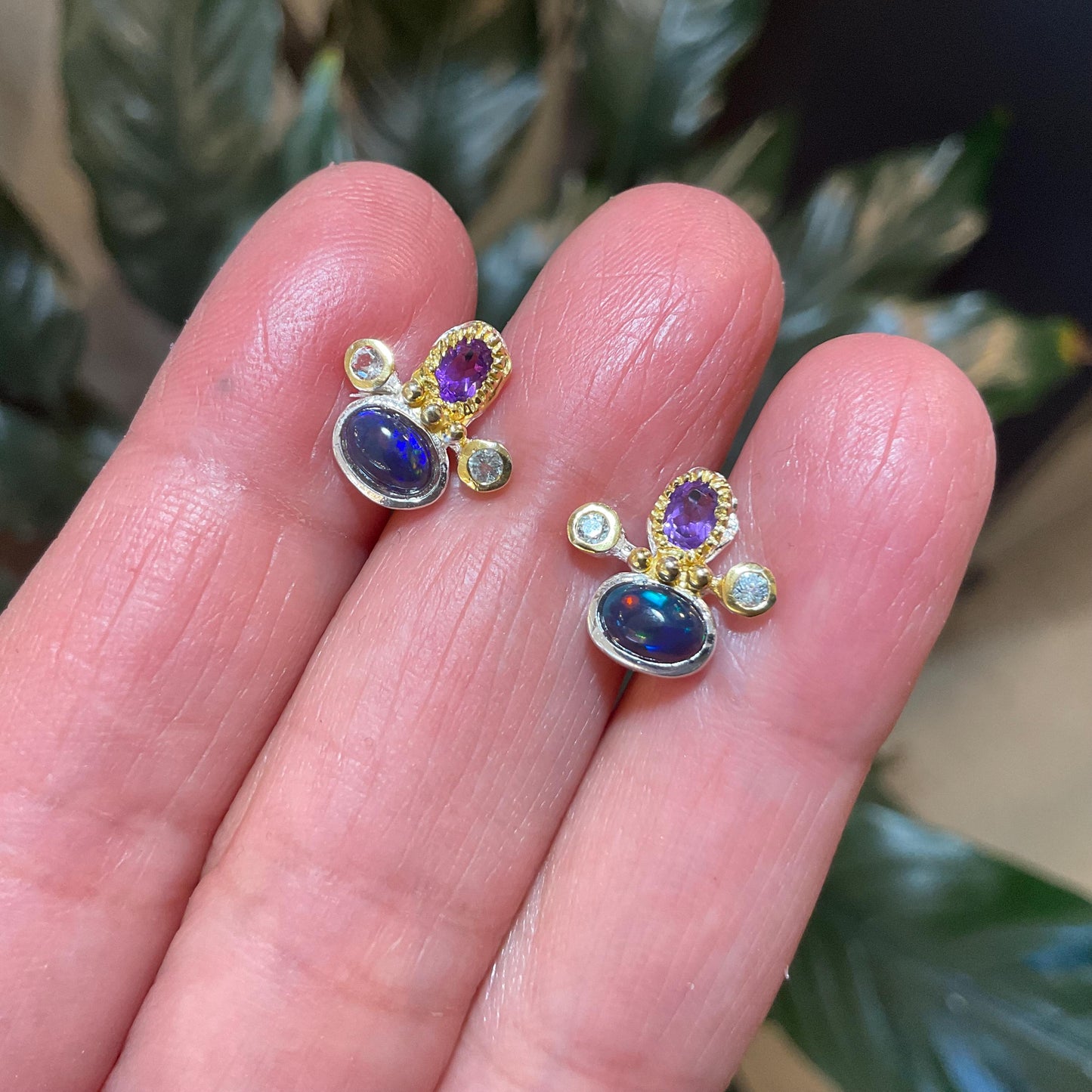 sterling silver rainbow natural opal amethyst Etnika Stud earrings