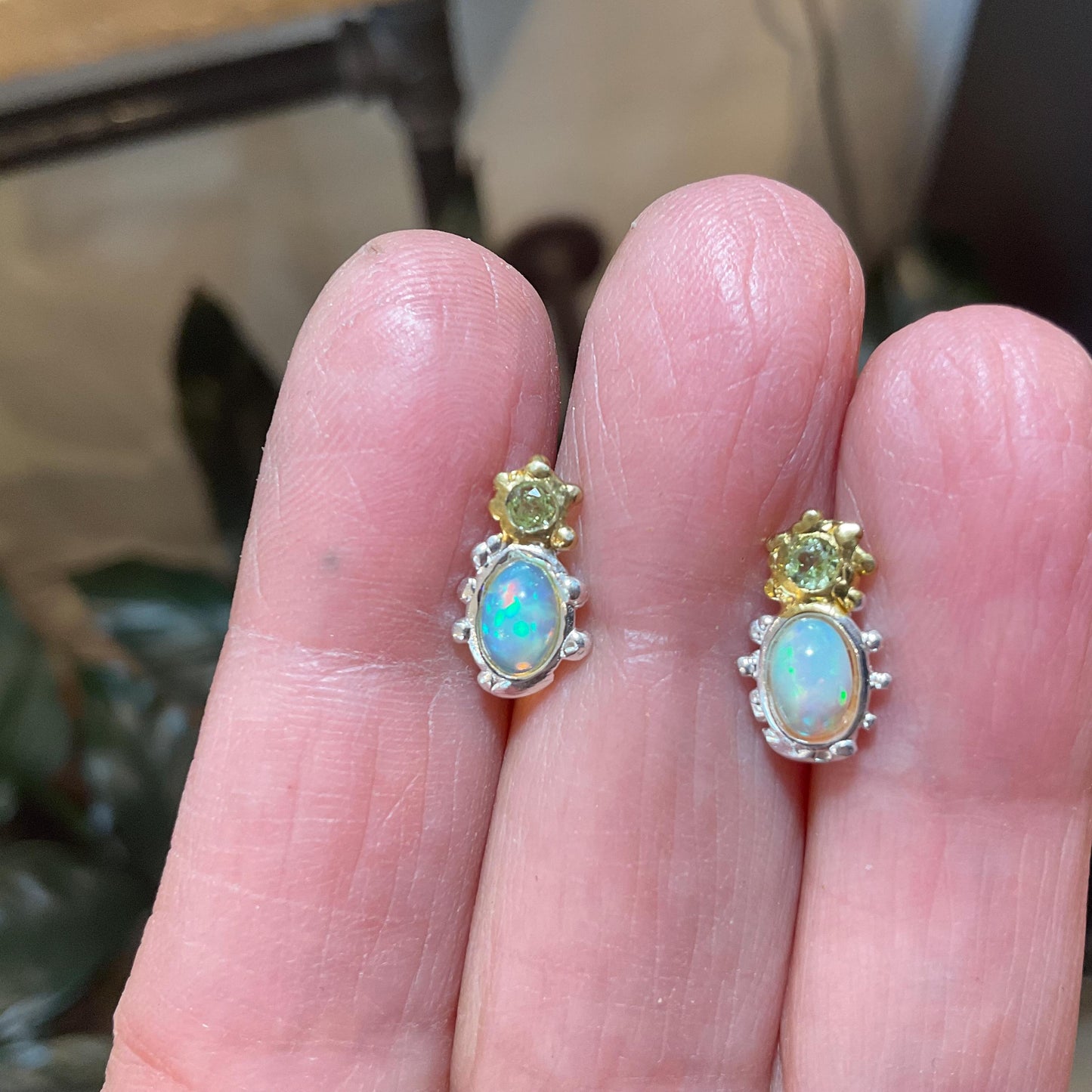 sterling silver rainbow natural opal modern art Stud peridot earrings