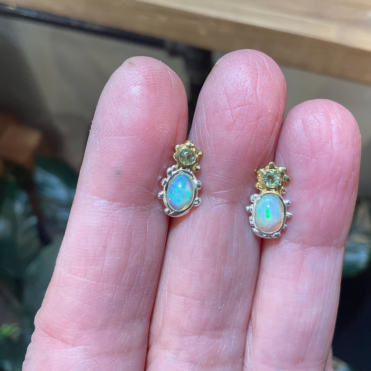 sterling silver rainbow natural opal modern art Stud peridot earrings
