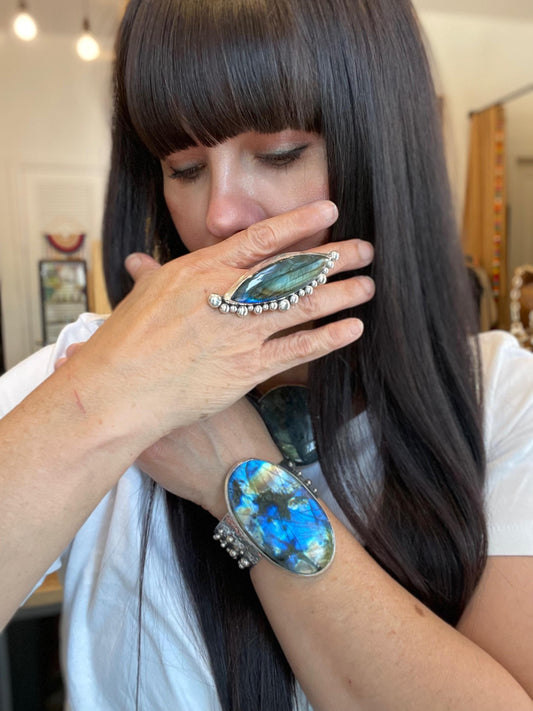 Sterling Statement spectrolite labradorite modernist cuff massive ring 7 8 9 10