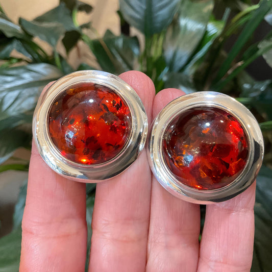 Sterling Silver  cognac Amber huge round statement earrings