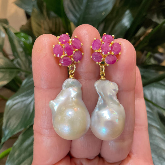 Sterling Silver natural ruby white natural baroque pearl Earrings