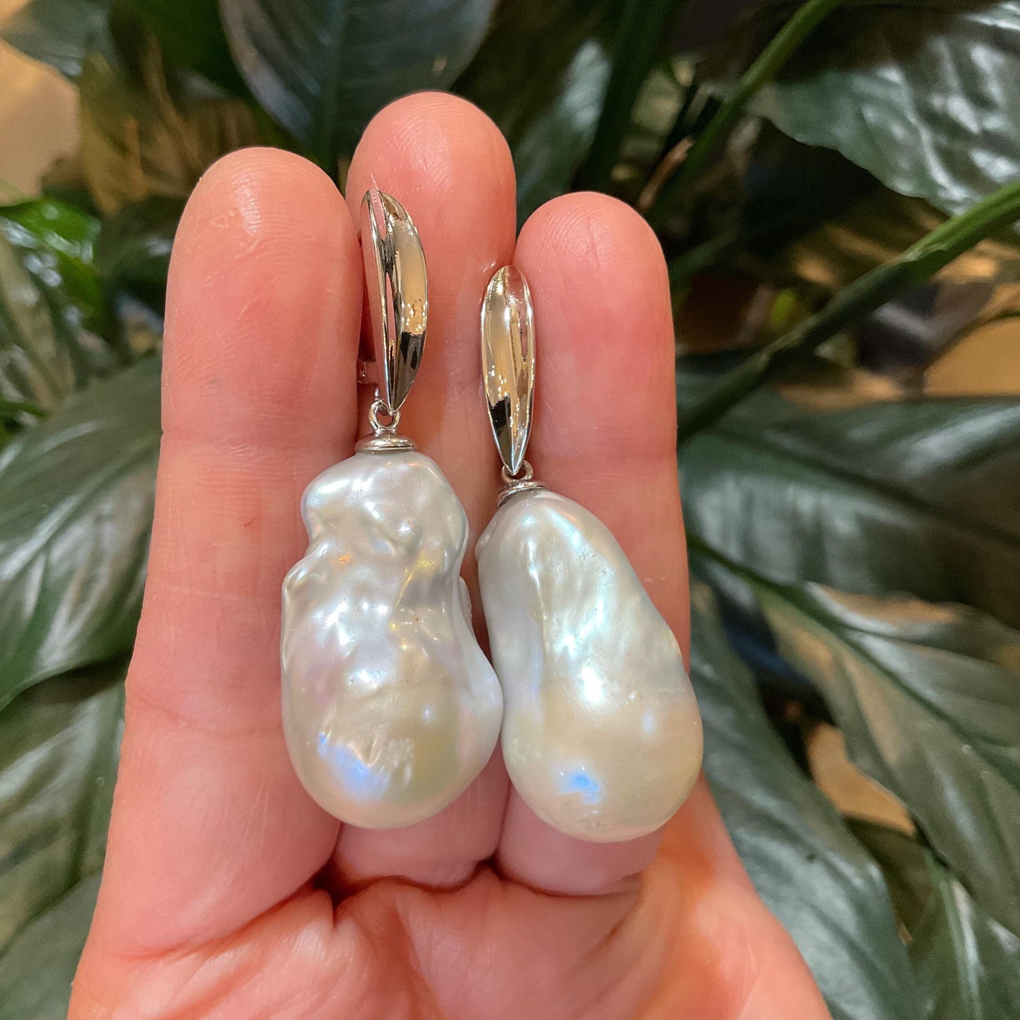 Sterling Silver white natural XL  organic baroque pearl dangle Earrings