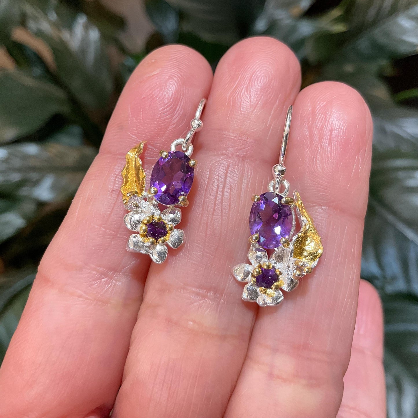 Sterling Silver amethyst flower art dangle earrings