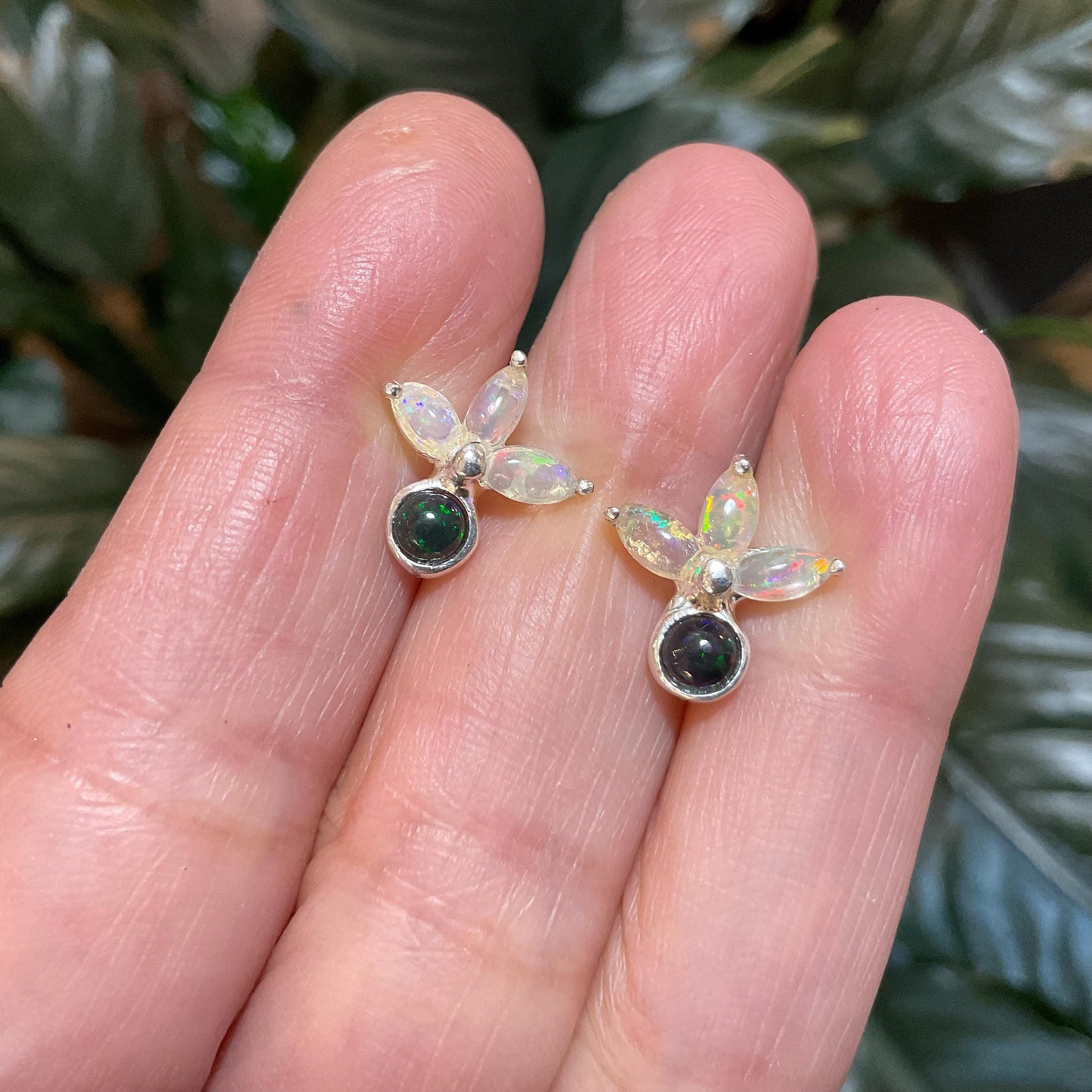 Sterling silver Natural black blue fire opal stud Marquis cut Earrings