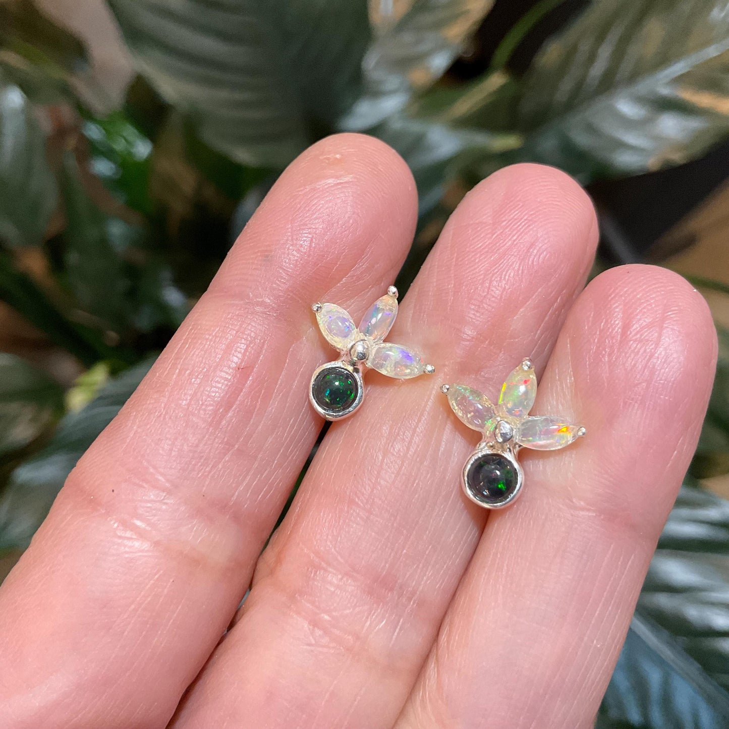 Sterling silver Natural black blue fire opal stud Marquis cut Earrings