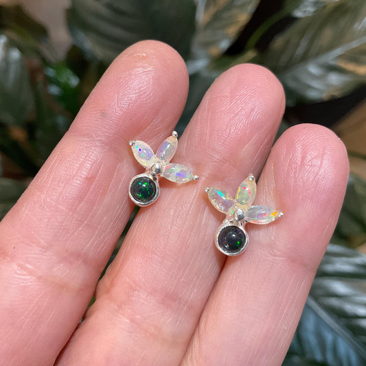 Sterling silver Natural black blue fire opal stud Marquis cut Earrings