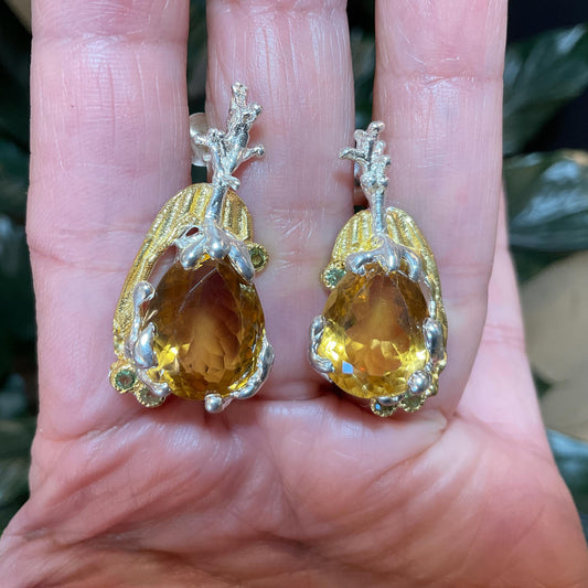 Sterling silver large citrine peridot natural art organic post earrings