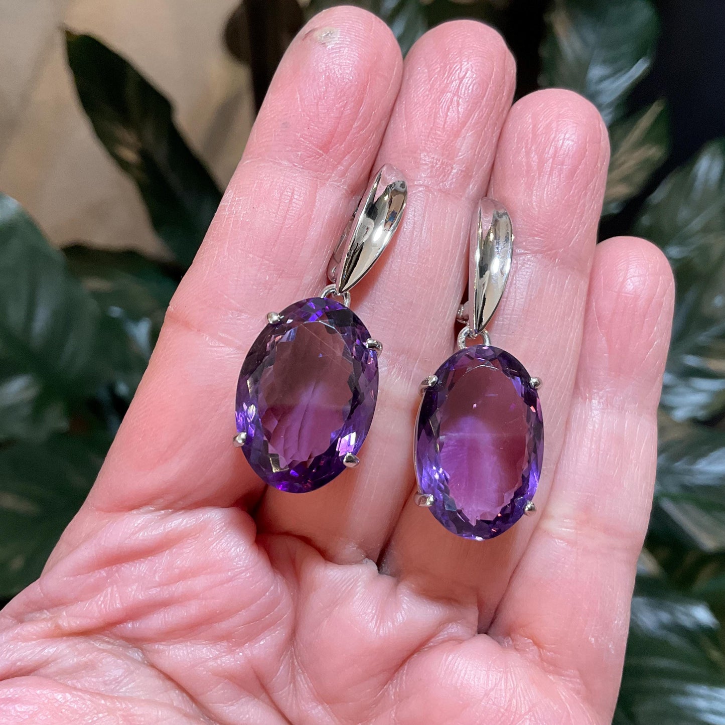 Amethyst Sterling silver amethyst Dangle oval Earrings