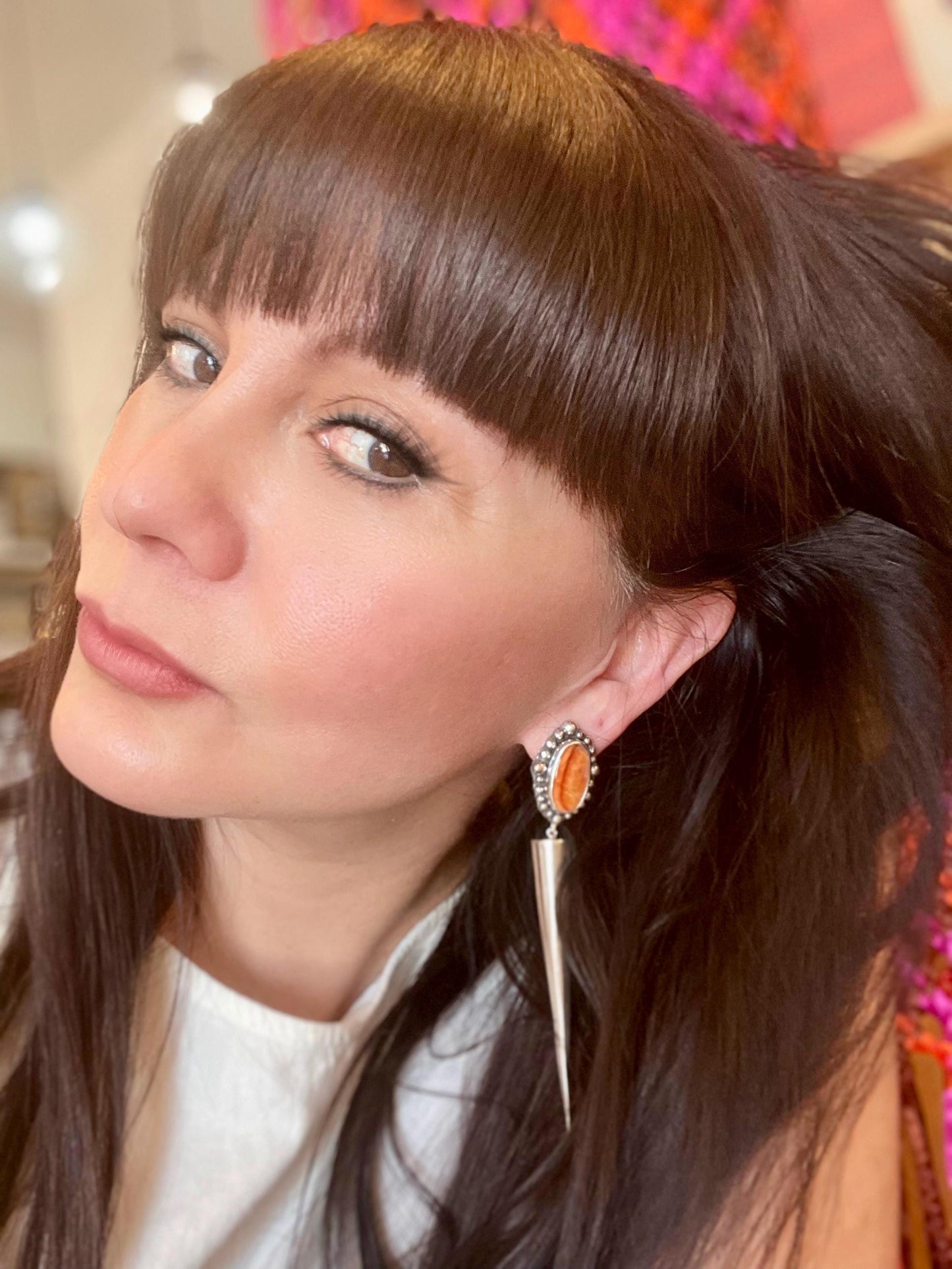 Sterling Silver large orange spiny oyster long dangle spike earrings 4.5” long