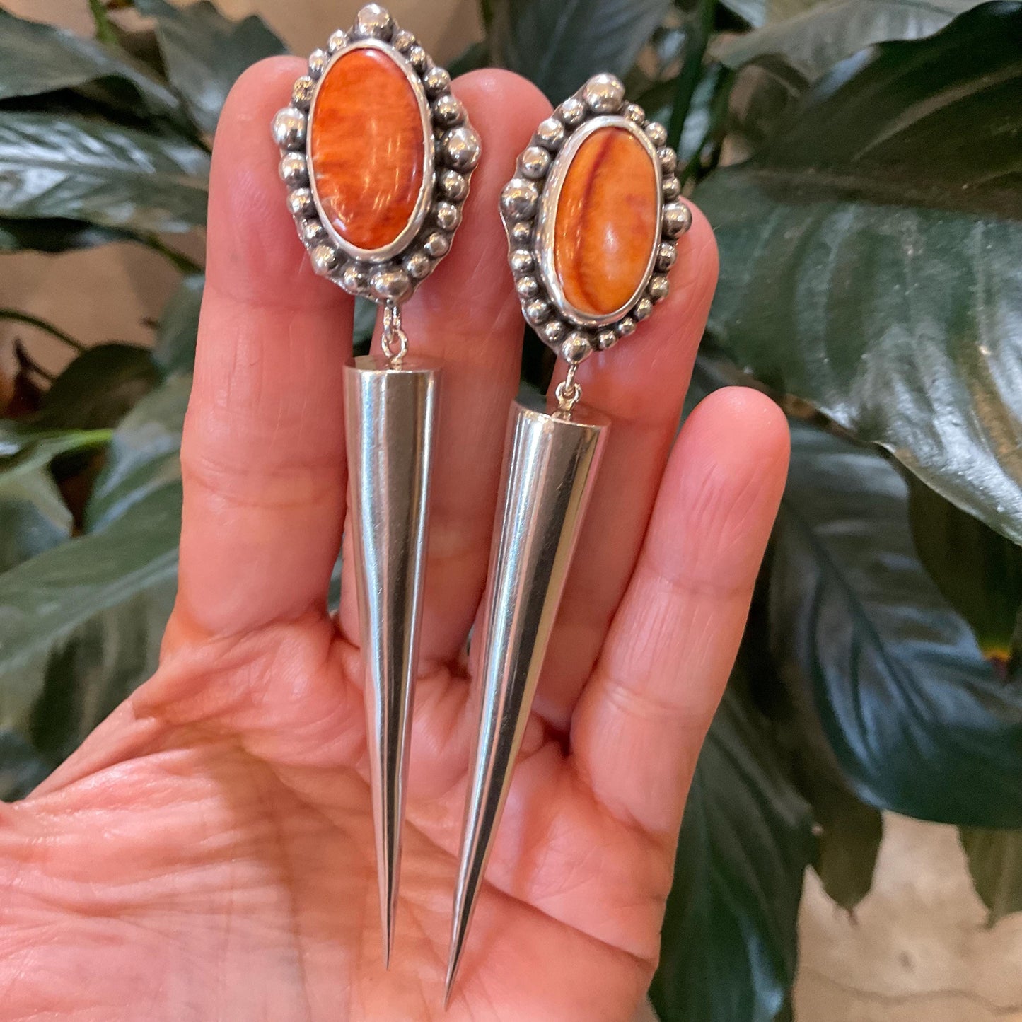 Sterling Silver large orange spiny oyster long dangle spike earrings 4.5” long