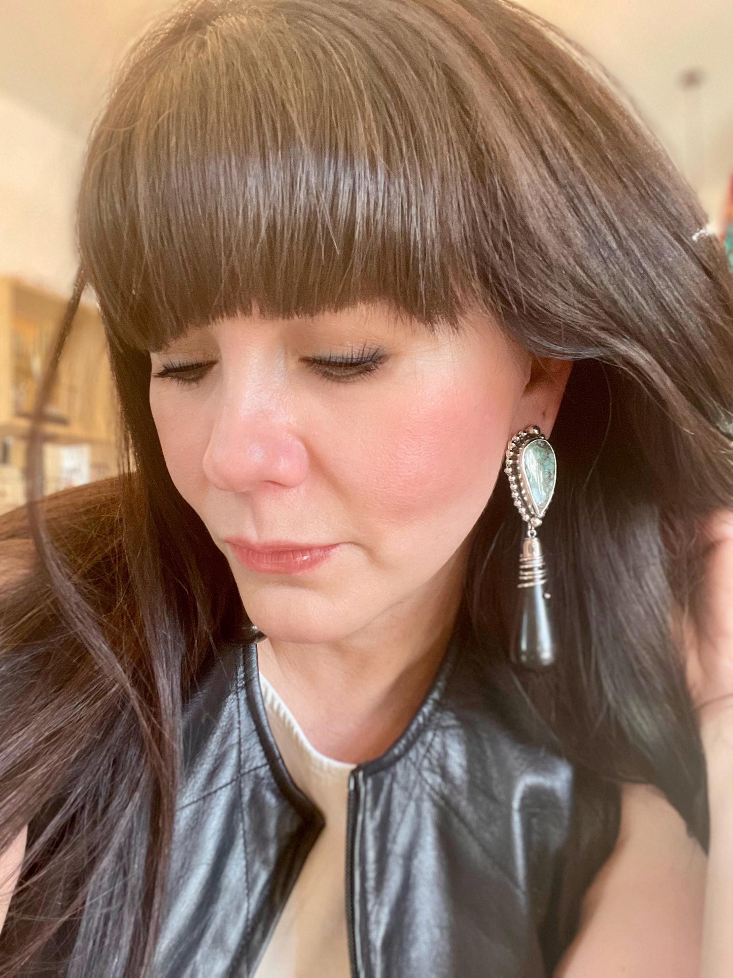 sterling silver Modernist oversize black cone horn turquoise Earrings