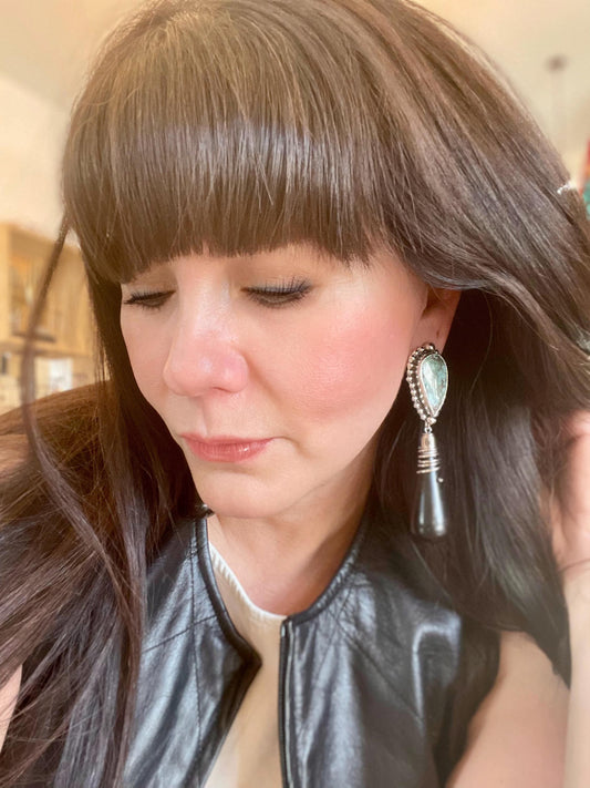 sterling silver Modernist oversize black cone horn turquoise Earrings