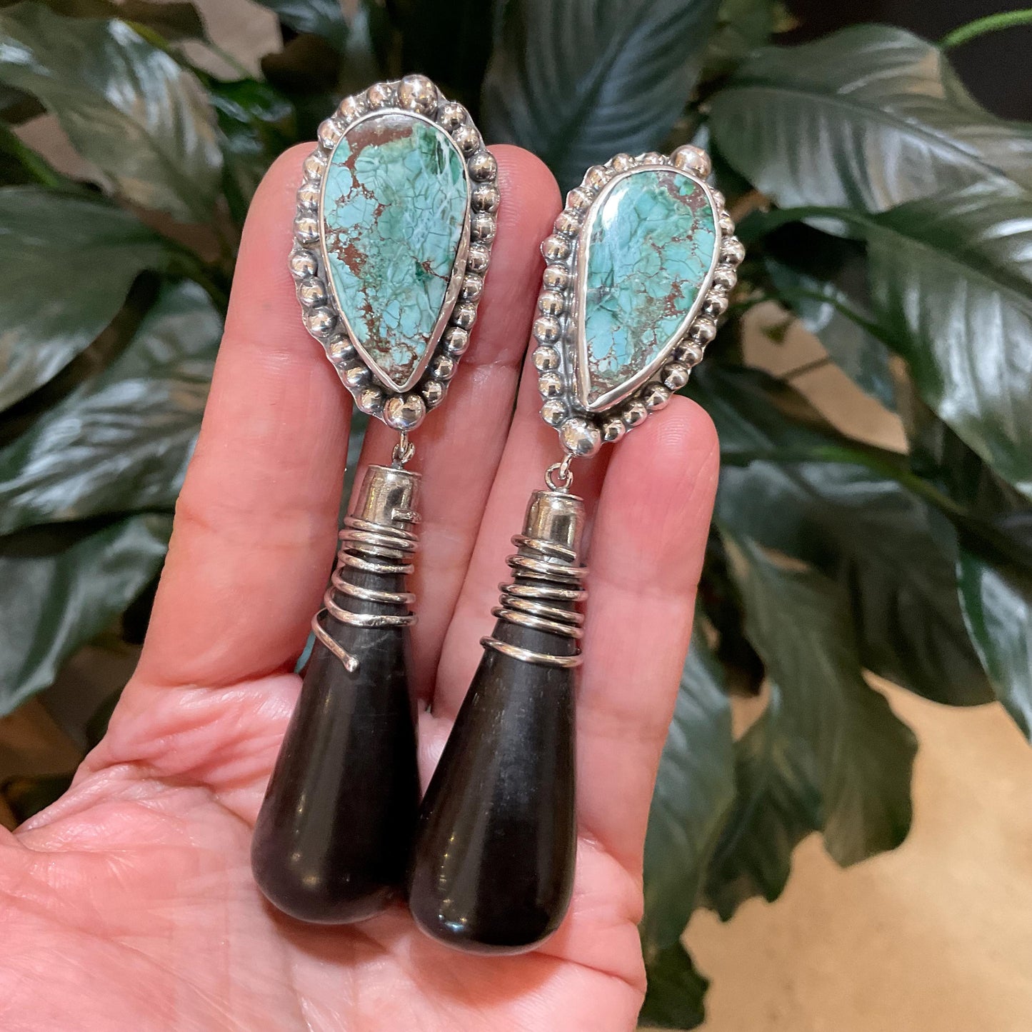 sterling silver Modernist oversize black cone horn turquoise Earrings