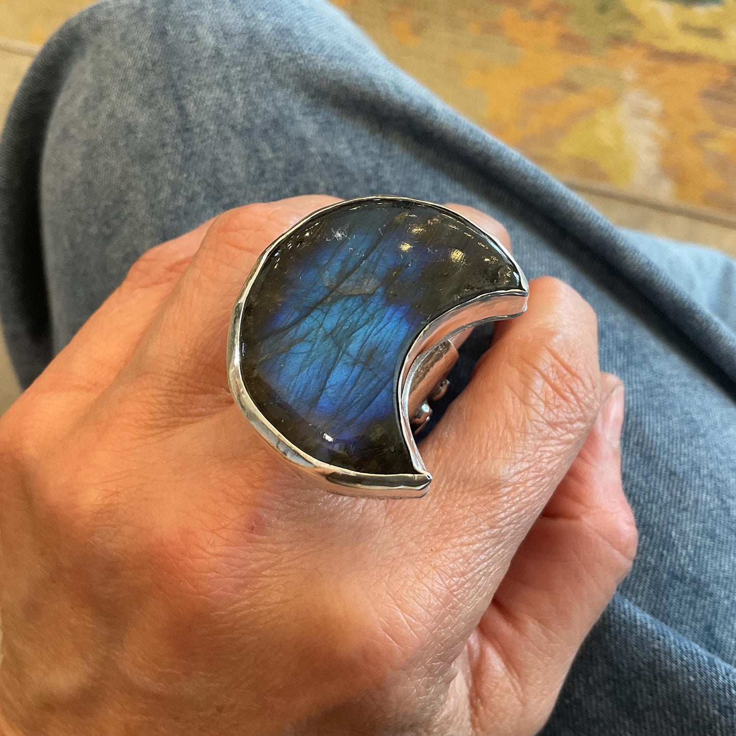 Sterling silver Statement labradorite brutalist crescent moon ring