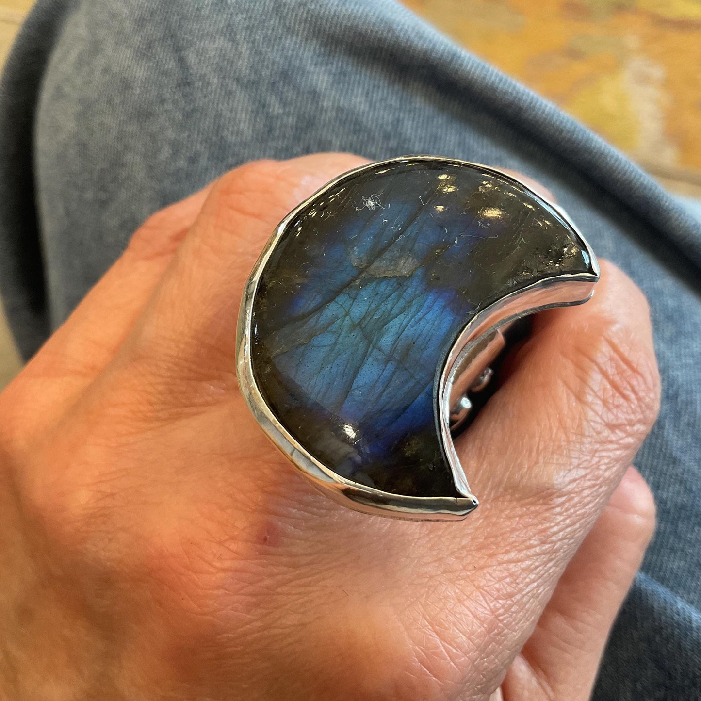 Sterling silver Statement labradorite brutalist crescent moon ring