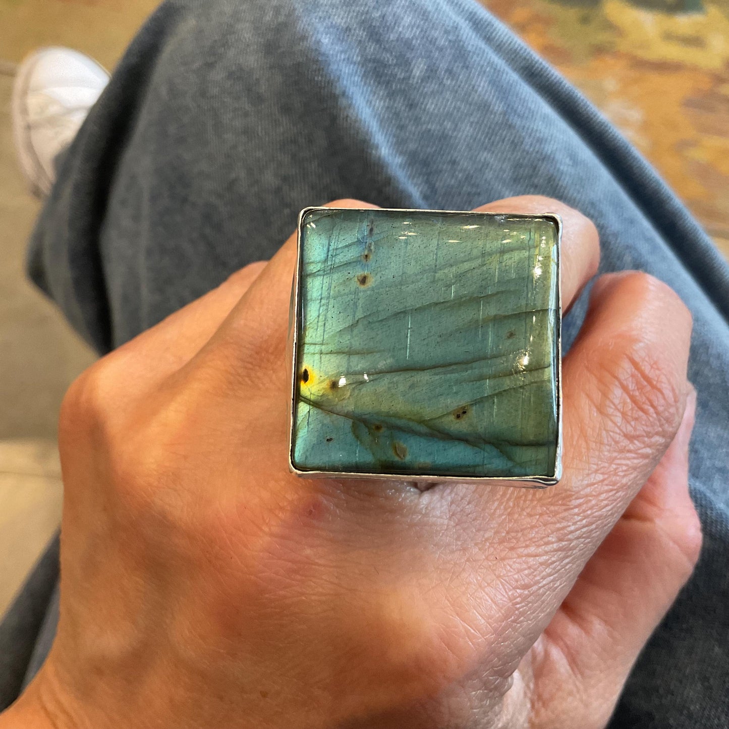 Sterling Statement spectrolite labradorite modernist cuff ring 7.5-10