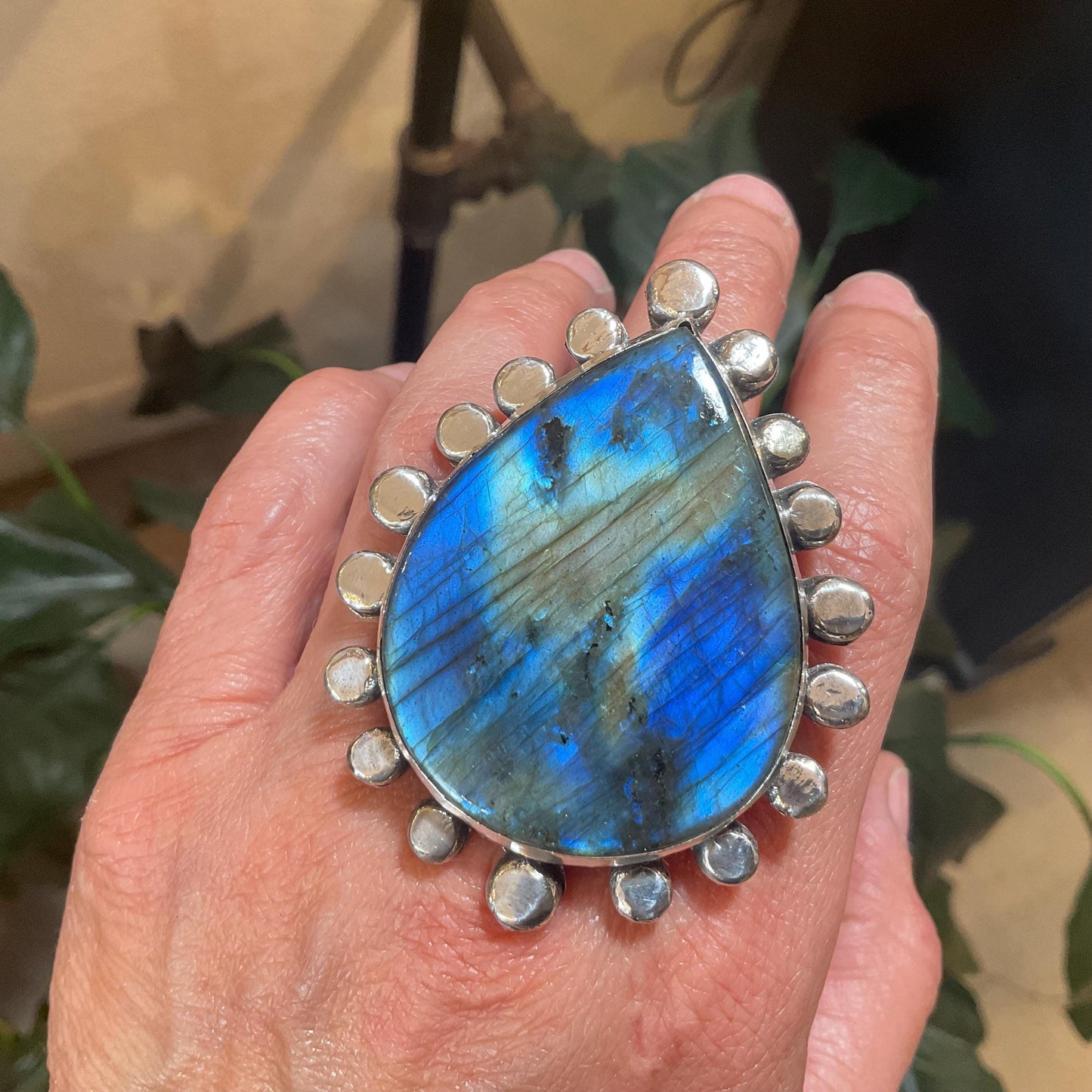 Sterling Statement spectrolite labradorite pear shape cuff massive ring 7 8 9 10