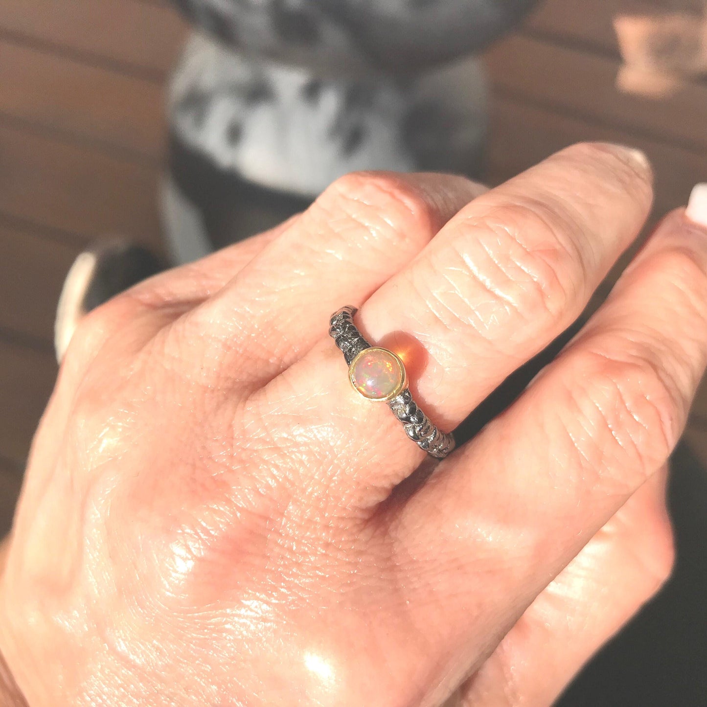 Natural black  fire opal dainty Sterling Silver Ring 7 Colors Of Etnika