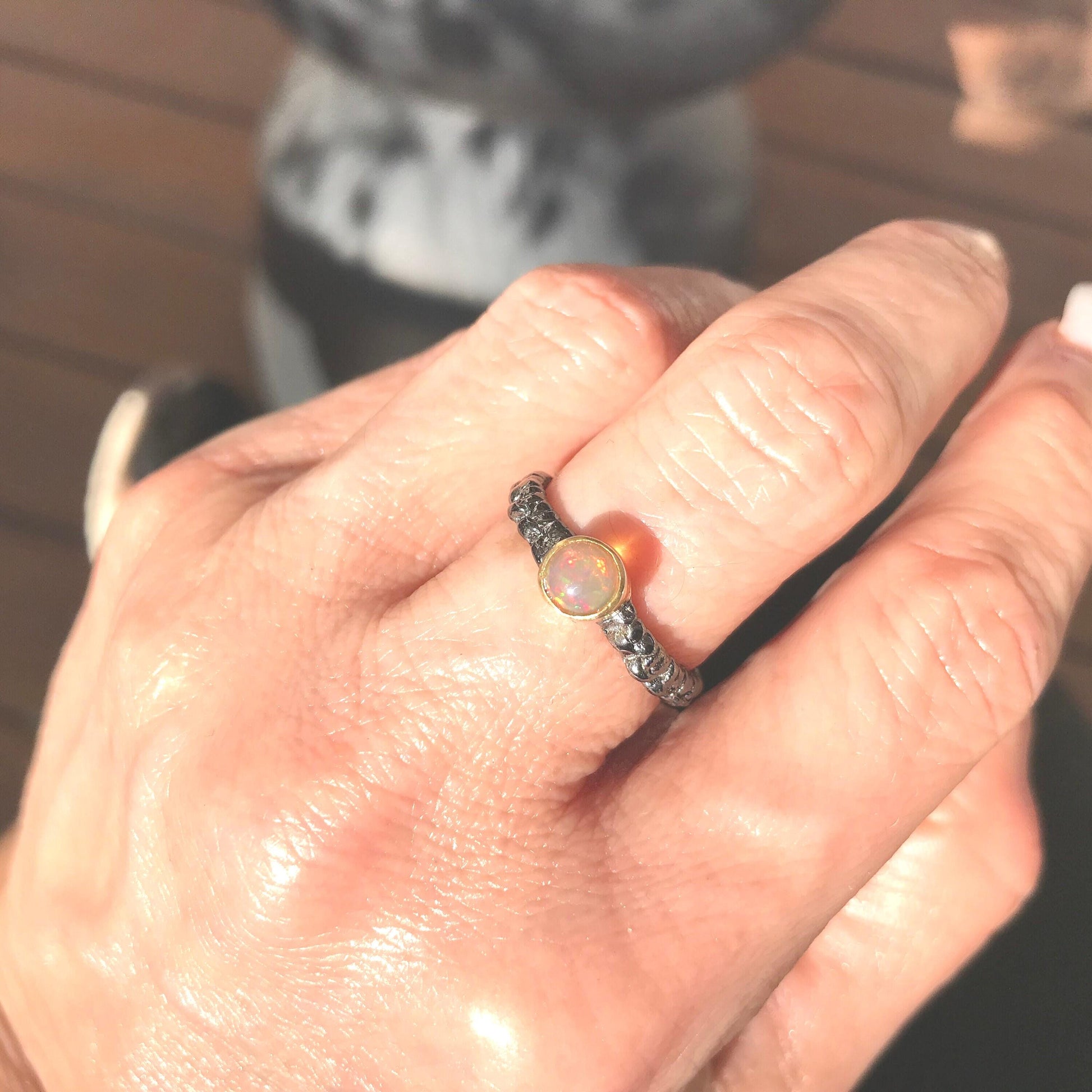 Natural black  fire opal dainty Sterling Silver Ring 7 Colors Of Etnika