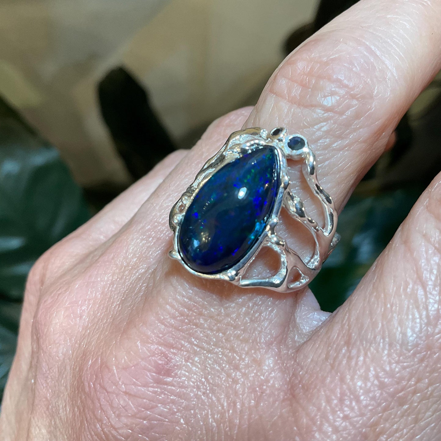 Handmade Sterling Silver Opal Ring: Natural Sapphire Accents size 8