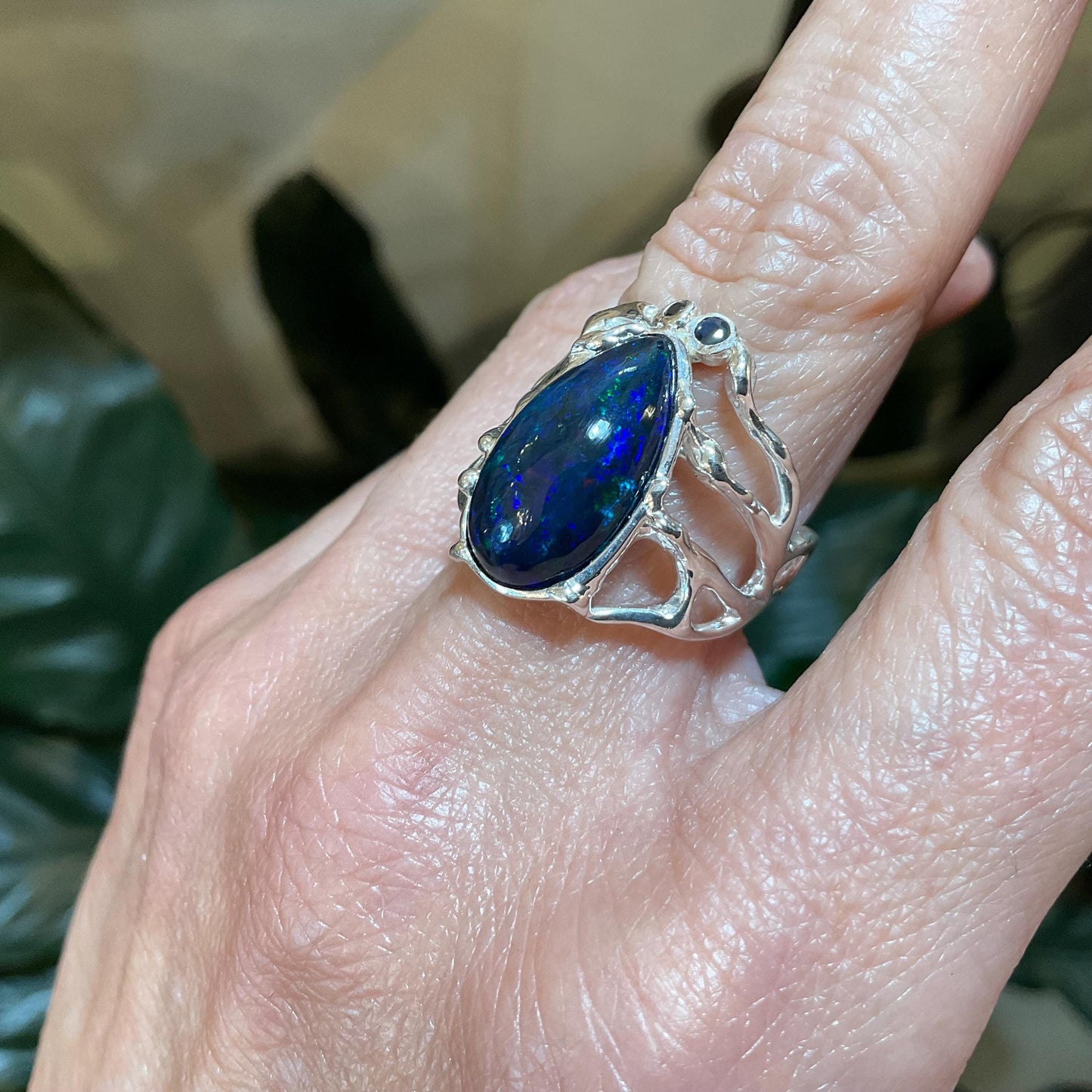 Handmade Sterling Silver Opal Ring: Natural Sapphire Accents size 8