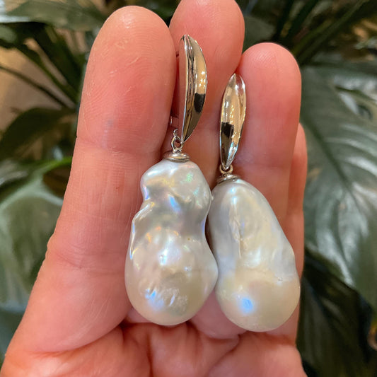 Sterling Silver white natural XL  organic baroque pearl dangle Earrings
