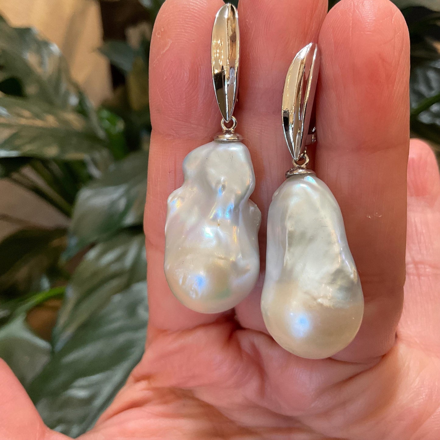 Sterling Silver white natural XL  organic baroque pearl dangle Earrings