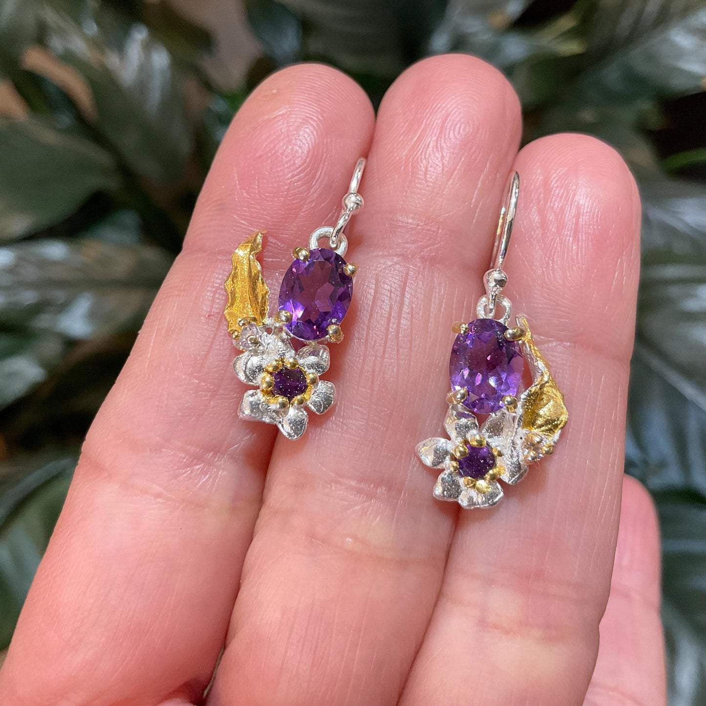 Sterling Silver amethyst flower art dangle earrings