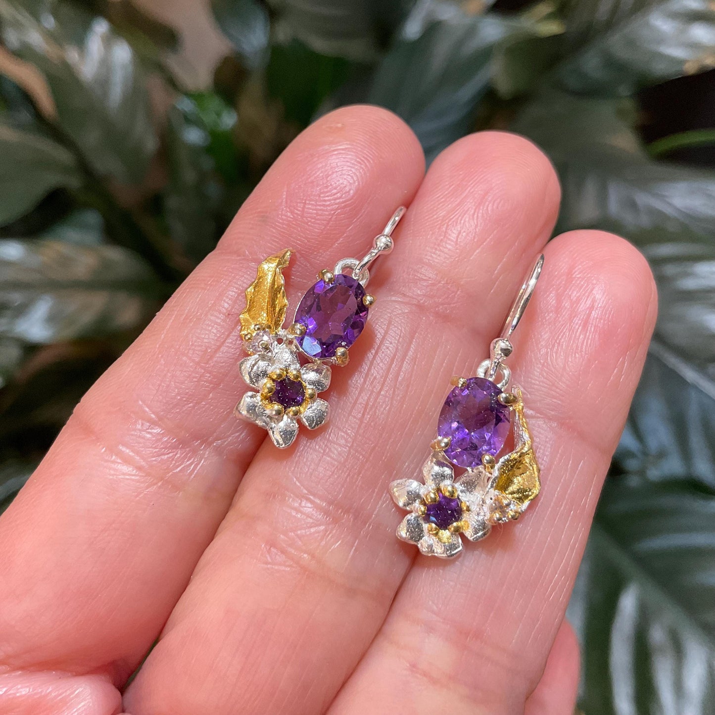 Sterling Silver amethyst flower art dangle earrings