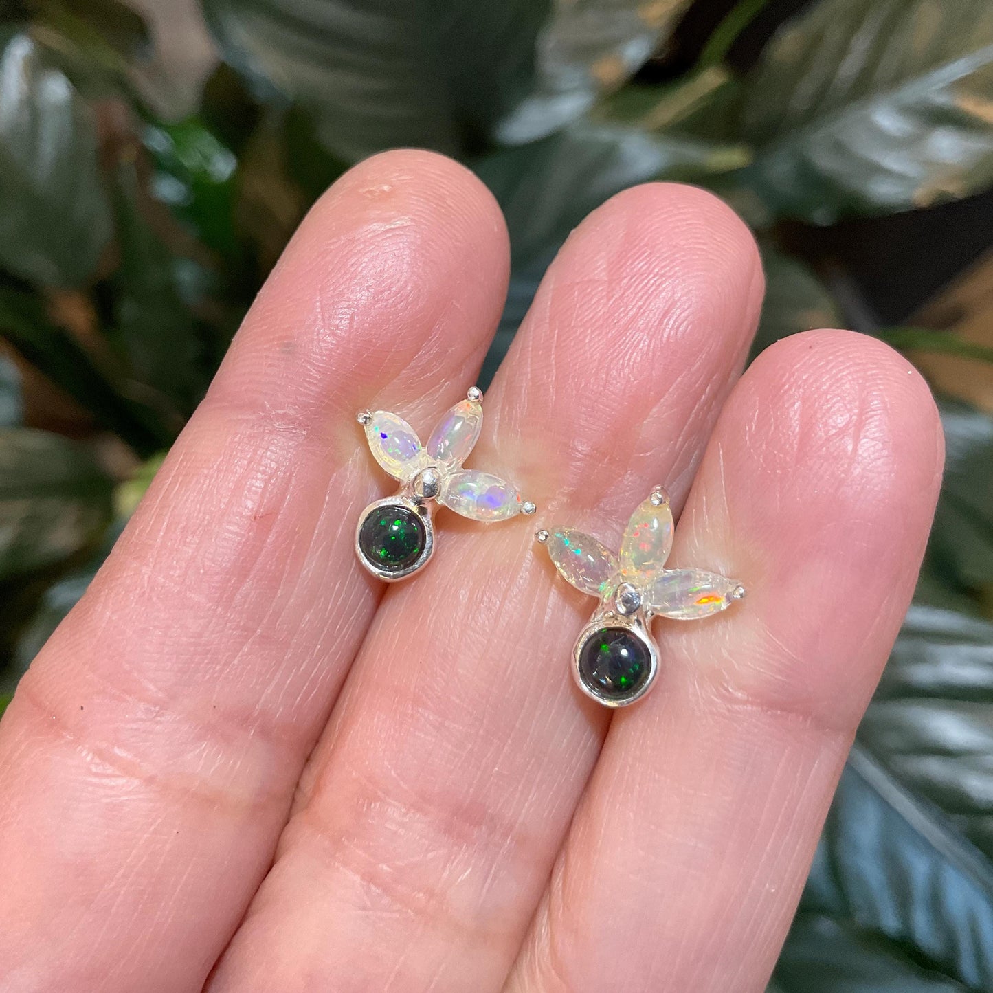 Sterling silver Natural black blue fire opal stud Marquis cut Earrings