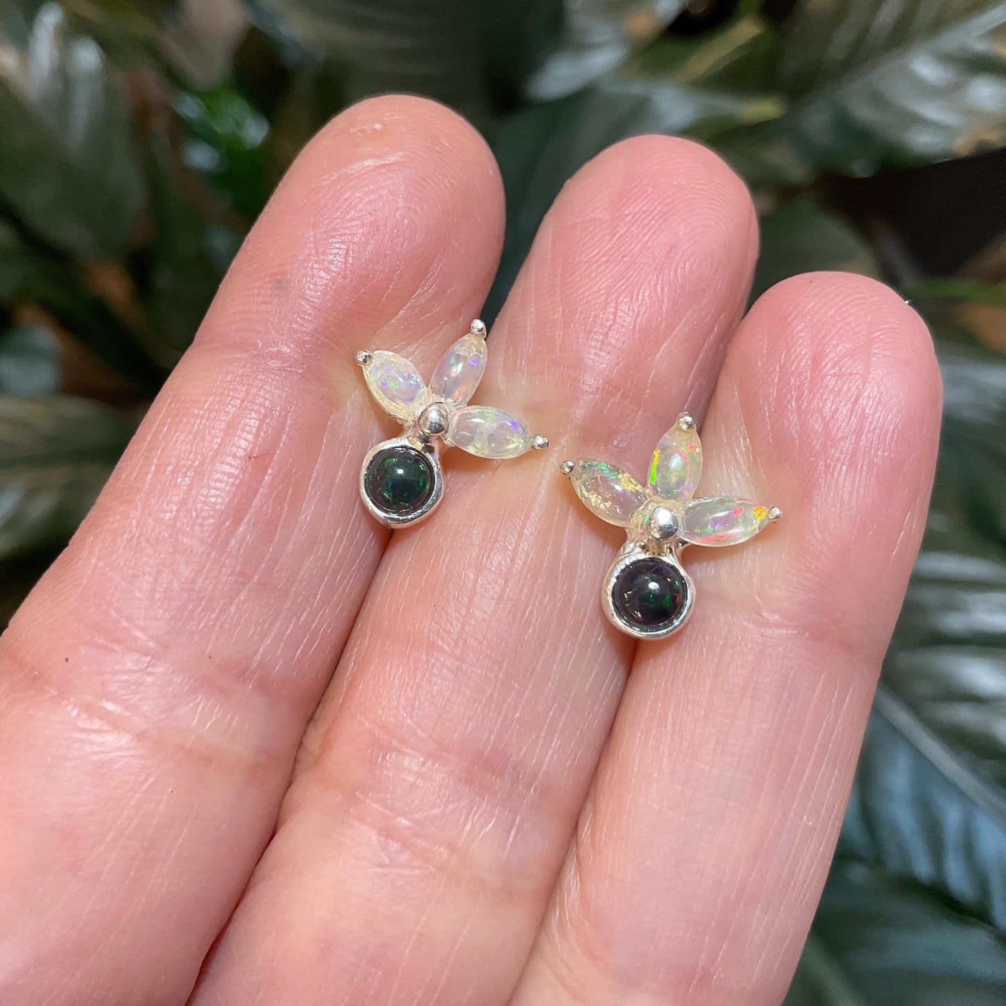 Sterling silver Natural black blue fire opal stud Marquis cut Earrings